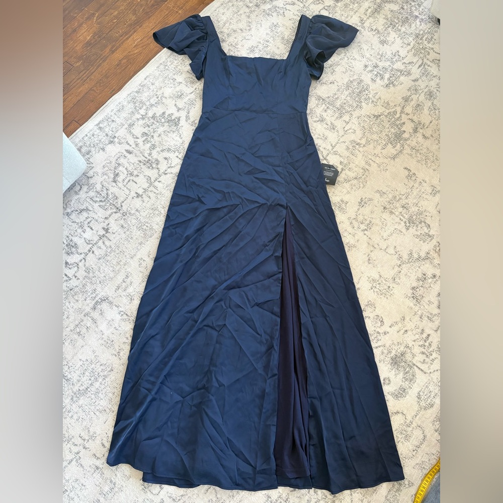 Lulus Ultimate Sweetness Navy Blue Satin Flutter Sleeve Maxi Dress Size Medium - Picture 2 of 9